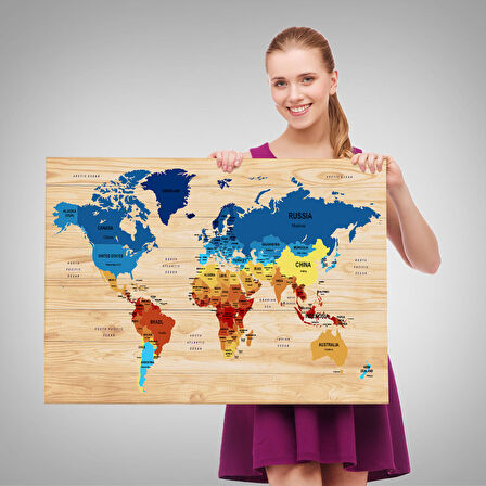 Harita Sepeti Ahşap Görünümlü Dünya Haritası Ülke Başkentli Kanvas Tablo 1821