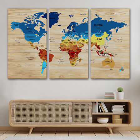 Harita Sepeti Ahşap Görünümlü Dünya Haritası Ülke Başkentli Kanvas Tablo 1821