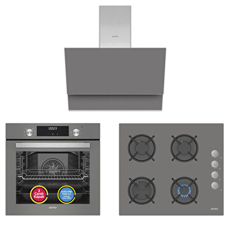 Simfer 9 Fonksiyon QS Dijital Gri 3'lü Ankastre Set (8223 Fırın + 3538 Ocak + 8736 Davlumbaz)