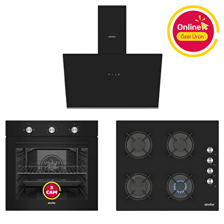 Simfer 4 Fonksiyon Trend Mekanik Siyah Power Turbo 3'lü Ankastre Set (8228 Fırın + 3046 Ocak + 8721 Davlumbaz)