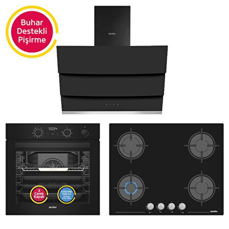 Simfer 11 Fonksiyon Steam Master Siyah 3'lü Ankastre Set(8244 Fırın + 3653 Ocak + 8678 Davlumbaz))