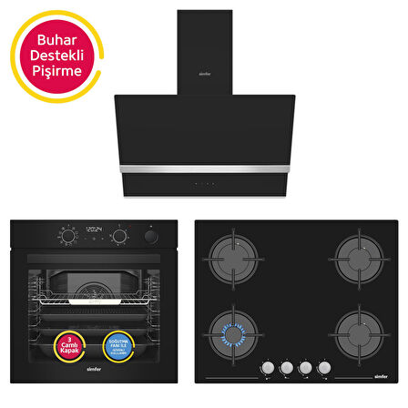 Simfer 11 Fonksiyon Steam Master Siyah 3'lü Ankastre Set (8244 Fırın - 3653 Ocak - 8738 Davlumbaz)