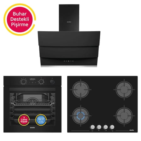 Simfer 0+10 Fonksiyon Steam Master Siyah 3'lü Ankastre Set (8244 Fırın + 3653 Ocak + 8678 Davlumbaz)