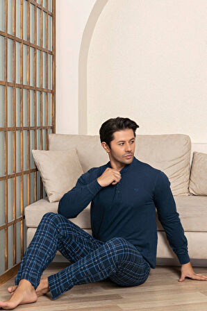 Erkek 3 Düğmeli Ekose Desenli Pamuk Likra Mevsimlik Uzun Kol Manşetli Cepli Pijama Takımı