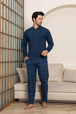 Erkek 3 Düğmeli Ekose Desenli Pamuk Likra Mevsimlik Uzun Kol Manşetli Cepli Pijama Takımı