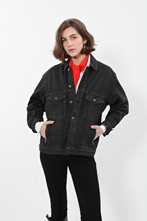 Kadın Desenli Oversize Jean Ceket