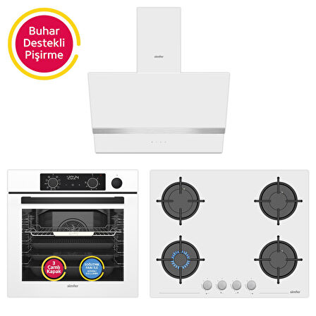 Simfer 11 Fonksiyon Steam Master Beyaz 3'lü Ankastre Set (8245 Fırın - 3654 Ocak - 8739 Davlumbaz)