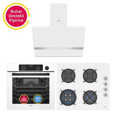 Simfer 11 Fonksiyon Steam Master Beyaz 3'lü Ankastre Set (8245 Fırın - 3509 Ocak - 8739 Davlumbaz)
