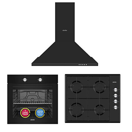Simfer 4 Fonksiyon Trend Siyah Metal 3'lü Ankastre Set (8251 Fırın - 3851 Ocak - 8713 Davlumbaz)