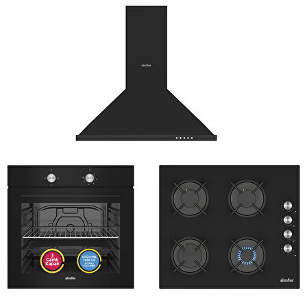 Simfer 4 Fonksiyon Trend Siyah Cam 3'lü Ankastre Set 