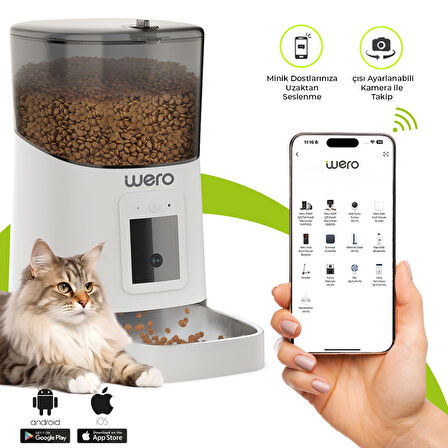 Wero 1080p Ayarlanabilir Kamera, 6 Lt, Wifi Kontrol Kedi / Köpek Besleyici, Pet Feeder, Metal Kase, Beyaz