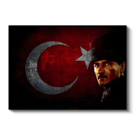 Kalpaklı Atatürk - Kırmızı Siyah Bayrak Fonlu Kanvas Tablo