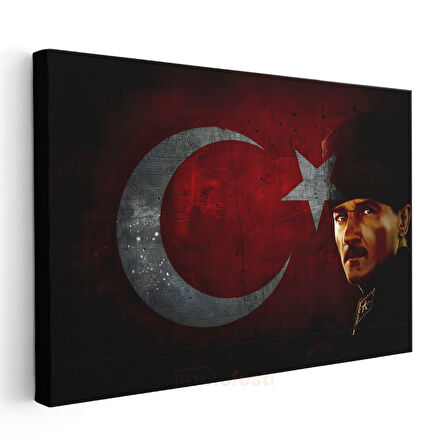 Kalpaklı Atatürk - Kırmızı Siyah Bayrak Fonlu Kanvas Tablo