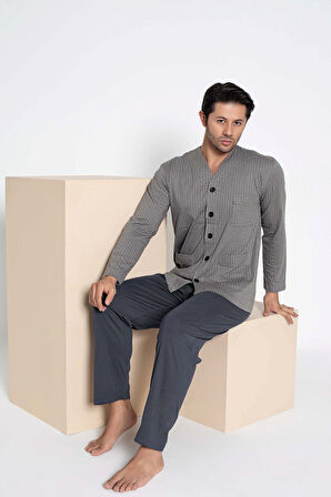 Erkek V Yaka Öden Düğmeli Göğüs Cepli %100 Pamuk Uzun Kol Cepli Pijama Takımı-Dede Hastane Pijaması