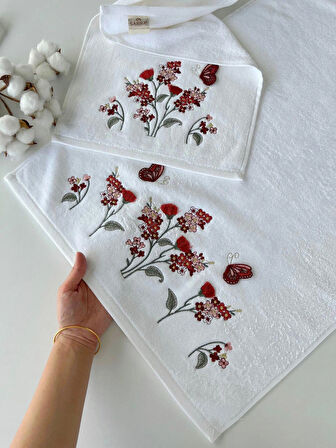 SARRA KADİFE 3D NAKIŞLI ANALİ-KIZLI 2'Lİ TAKIM - GELİNCİK- KIRMIZI