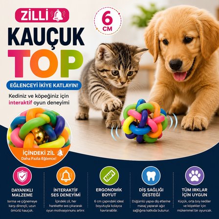 BakGelAl İnteraktif Zilli Kauçuk Kedi ve Köpek Oyun Topu 6 cm – Dayanıklı Çiğneme ve Diş Bakım Oyunc