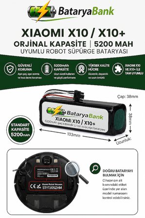 BataryaBank Xiaomi Robot Vacuum X10 / X10+ Uyumlu Robot Süpürge Bataryası 14.4V 5200mAh Li-ion Orijinal Kapasite Yedek Pil