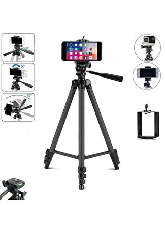 Profesyonel Fotoğraf Video Çekimi 106 Cm Tripod Telefon Tutucu  Kılıf Hediyeli SİYAh