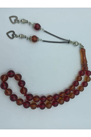 Küre Kesim Alpaka Püskül Kırmızı Sarı Kehribar Tespih (Ahşap Kutulu)