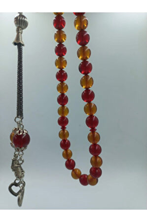 Küre Kesim Alpaka Püskül Kırmızı Sarı Kehribar Tespih (Ahşap Kutulu)