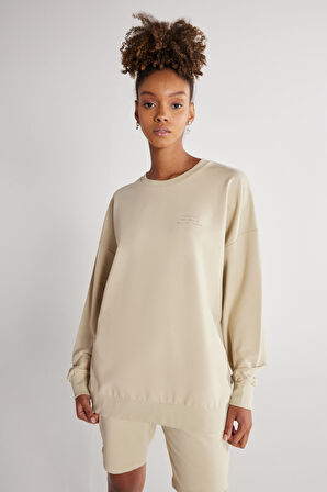 Unisex Bej Oversize Bol Kesim Bisiklet Yaka Pamuklu Esnek Sweatshirt