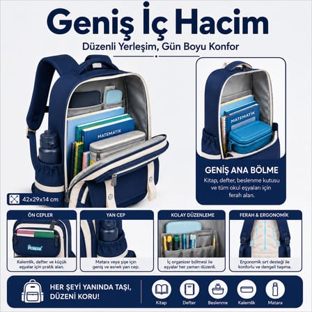 Su Geçirmez Ortopedik Erkek Çocuk Okul Çantası – Mavi