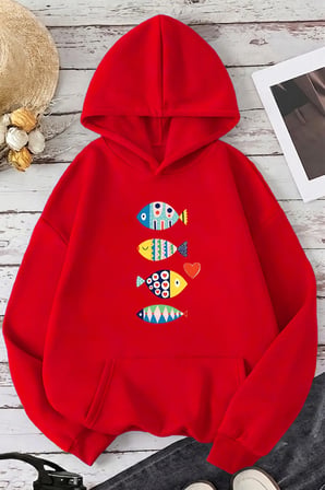 Unisex Balık Baskılı Oversize Hoodie Kapüşonlu Sweatshirt