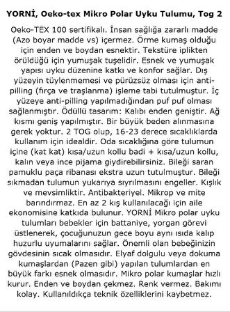 Yorni 18-36ay BEDEN Uzun Kollu Oeko-Tex Mikro Polar Bebek Çocuk Uyku Tulumu