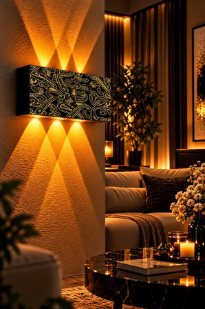 Siyah Gold Etnik Desenli 12W 2200K Amber Işıklı 3 Gözlü Yukarı Aşağı Dekoratif Duvar Apliği 16 cm