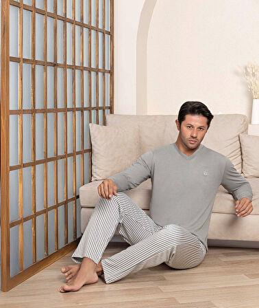 Erkek Düğmesiz Çizgili Jakarlı Kumaş Mevsimlik Kol Manşetli Uzun Kol Cepli Pijama Takımı