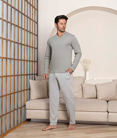 Erkek Düğmesiz Çizgili Jakarlı Kumaş Mevsimlik Kol Manşetli Uzun Kol Cepli Pijama Takımı