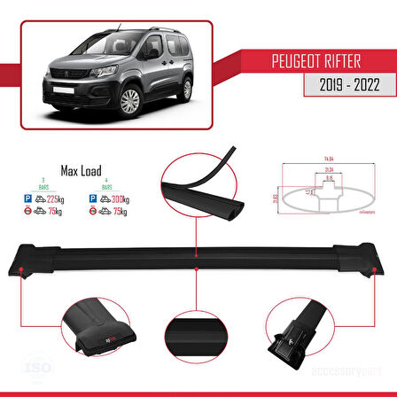Peugeot Rifter 2019-2022 Arası ile Uyumlu FLY Model Ara Atkı Tavan Barı Siyah 3 Adet