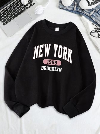 New York Brooklyn 1955 Baskılar Tişörtü Kadın Bisiklet Yaka Rahat Kapüşonlular Gevşek Polar S