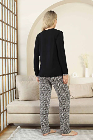 Kadın Düğmesiz V Yaka Siyah Etnik Desenli 3 Düğmeli Likralı Bambu Mevsimlik Uzun Kol Pijama Takımı