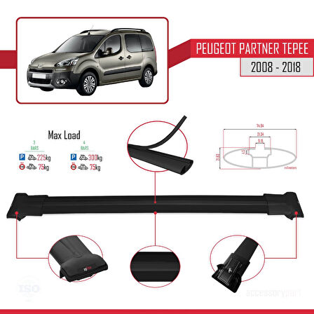 Peugeot Partner 2 Tepee 2008-2018 Arası ile Uyumlu FLY Model Ara Atkı Tavan Barı Siyah 3 Adet