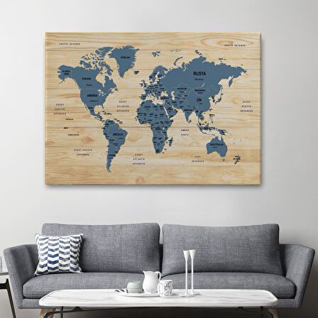 Harita Sepeti Ahşap Görünümlü Türkçe Dünya Haritası Ülke Başkentli Kanvas Tablo 1842