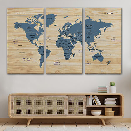 Harita Sepeti Ahşap Görünümlü Türkçe Dünya Haritası Ülke Başkentli Kanvas Tablo 1842