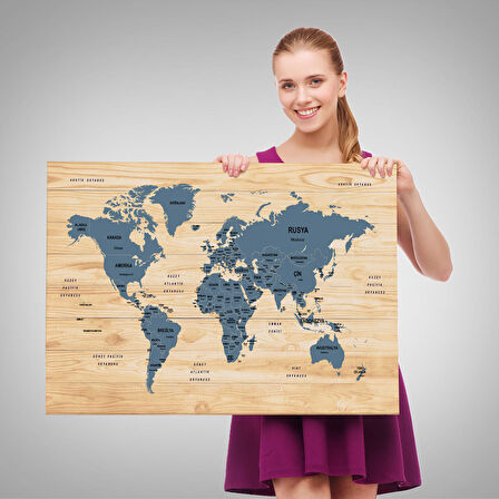 Harita Sepeti Ahşap Görünümlü Türkçe Dünya Haritası Ülke Başkentli Kanvas Tablo 1842