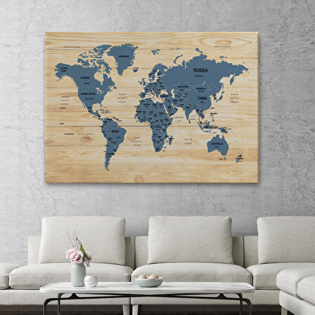 Harita Sepeti Ahşap Görünümlü Dünya Haritası Ülke Başkentli Kanvas Tablo 1843