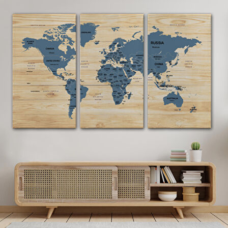 Harita Sepeti Ahşap Görünümlü Dünya Haritası Ülke Başkentli Kanvas Tablo 1843