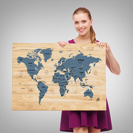 Harita Sepeti Ahşap Görünümlü Dünya Haritası Ülke Başkentli Kanvas Tablo 1843