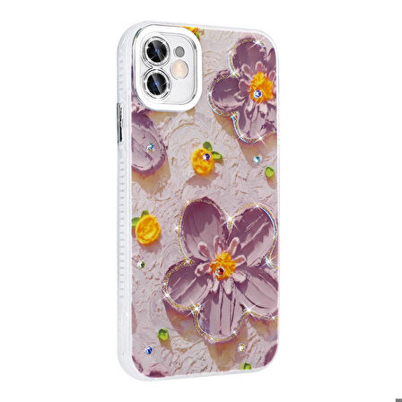 Gpack Apple iPhone 11 Kılıf Parlak Taşlı Çiçek Desenli Garden Sert Silikon