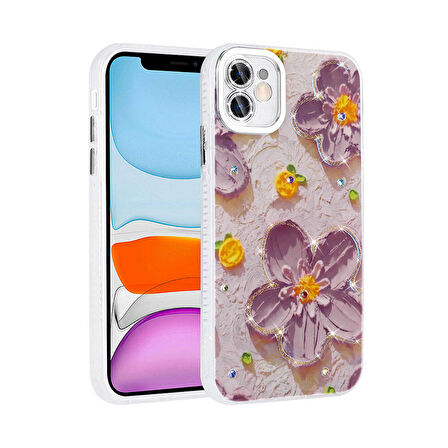 Gpack Apple iPhone 11 Kılıf Parlak Taşlı Çiçek Desenli Garden Sert Silikon
