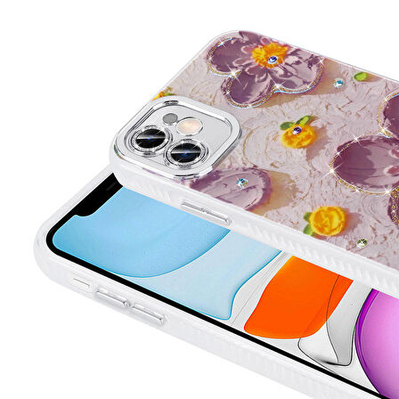 Gpack Apple iPhone 11 Kılıf Parlak Taşlı Çiçek Desenli Garden Sert Silikon