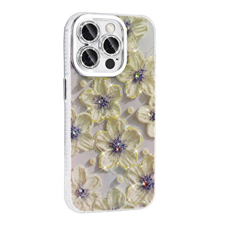 Gpack Apple iPhone 15 Pro Max Kılıf Parlak Taşlı Çiçek Desenli Garden Sert Silikon