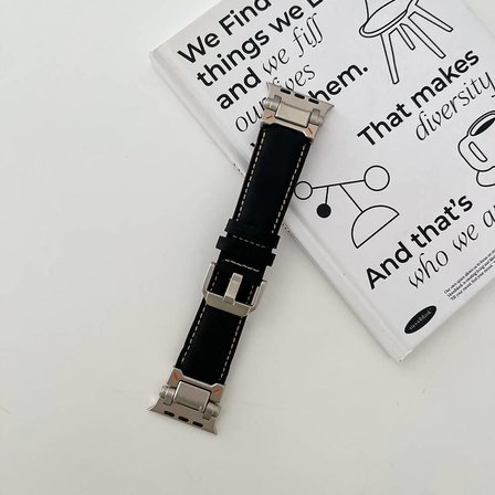 Gpack Apple Watch SE 44mm Kordon Metal Bağlantılı Tokalı Suni Deri Kayış KRD114