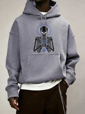 Ölüm İçin Dua Edin İskelet Baskılı Erkek Temel Kapüşonlu Ceket Cepli Moda Sweatshirt Günlük B
