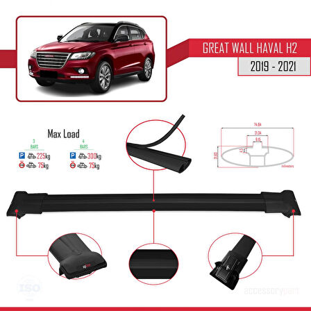 Great Wall Haval H2 2019-2021 Arası ile Uyumlu FLY Model Ara Atkı Tavan Barı Siyah 3 Adet