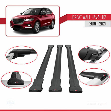 Great Wall Haval H2 2019-2021 Arası ile Uyumlu FLY Model Ara Atkı Tavan Barı Siyah 3 Adet