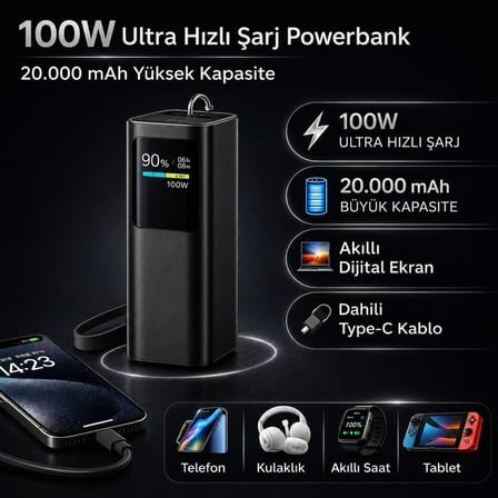 100W Ultra Hızlı Şarj Powerbank 20000 mAh PD 3.0 TFT Ekranlı Dahili Type-C Kablolu Siyah